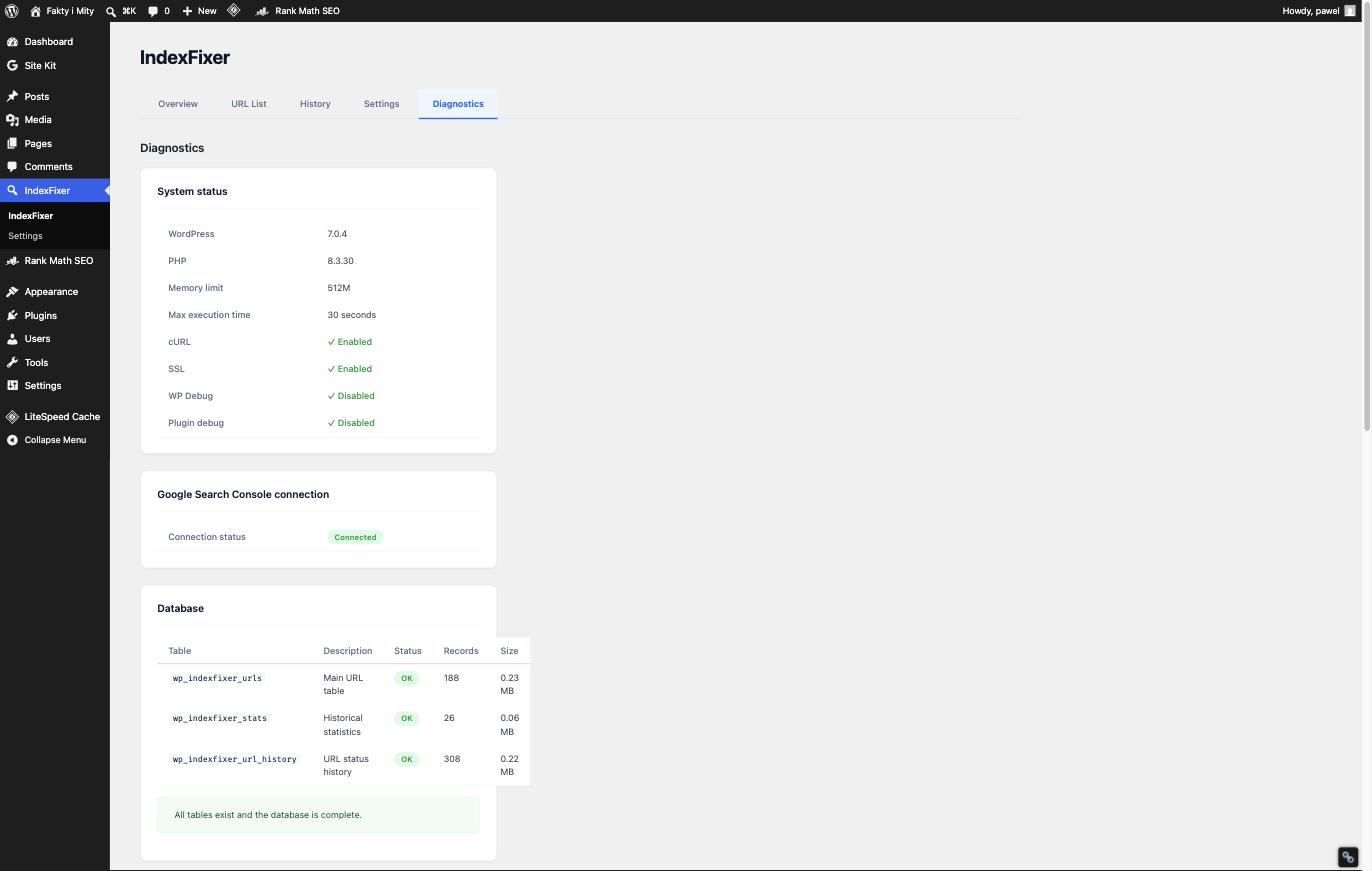 IndexFixer Diagnostics tab