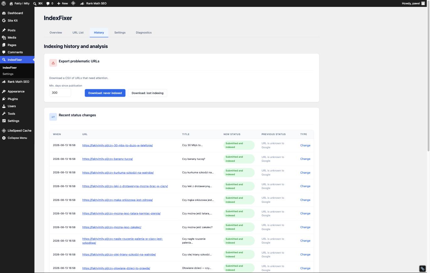 IndexFixer History tab