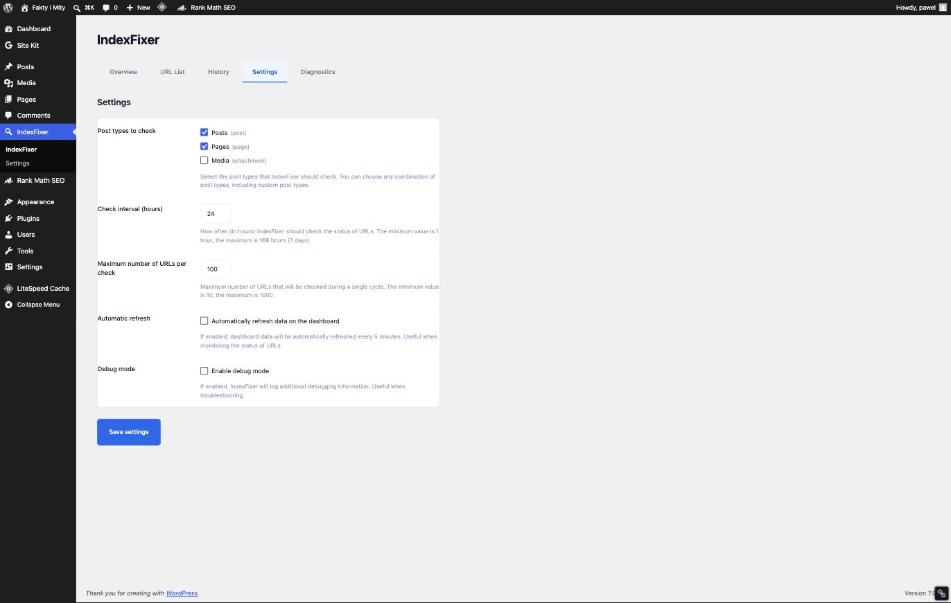 IndexFixer Settings tab