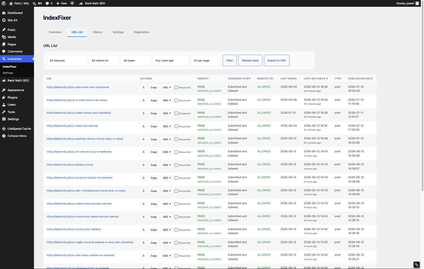 IndexFixer URL List tab
